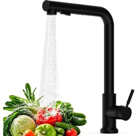 Schwarze Küchenarmatur mit ausziehbarer Brause, 360° schwenkbare Einhebel-Küchenarmatur, L-förmige Armatur, moderne Edelstahlarmatur, 2 Brauseköpfe (1/5)