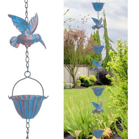 2,4 m lange Regenrinne mit Kolibris – Retro-blaue Metallkette, 8 Vögel und 7 Becher für Dachrinnen, Garten und Hausdekoration (1/5)