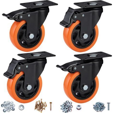 Schwerlastrollen (10 cm Durchmesser), 4er-Set – Industrierollen mit Bremsen, feststellbare Rollen für Möbel und Werkbänke, orange
