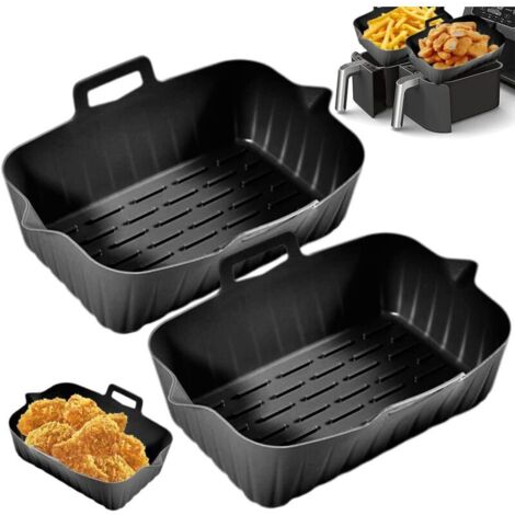 Set bestehend aus 2 Silikon-Heißluftfritteusen-Behältern mit Griff, wiederverwendbarer Heißluftfritteusen-Einlage und Silikonkorb (1/4)