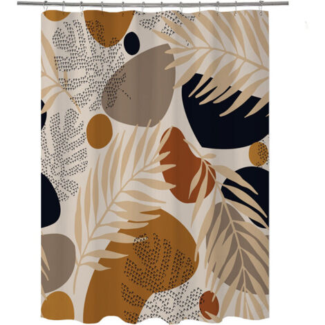 Boho-Duschvorhang 180x180 cm Braun, modernes abstraktes Kunstmotiv im Boho-Stil mit Palmenblättern, waschbarer Textilvorhang