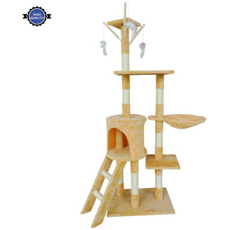 Arbre à chat avec jouets, maison pour chat d'intérieur, avec siège rembourré en peluche, hamac confortable et poteaux à griffer en sisal, beige