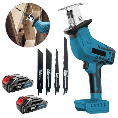 Scie alternative sans fil avec 2 batteries 18 V, changement de lame sans outil, 4 lames de scie incluses, vitesse variable de 0 à 3 000 courses par minute pour la découpe du bois, du métal et du PVC.
