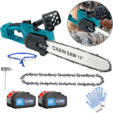 Tronçonneuse électrique sans fil de 30 cm (12 pouces), alimentée par batterie 18 V, avec 2 batteries lithium-ion de 5,5 Ah et chargeur pour la coupe du bois, l'élagage et la taille des branches.