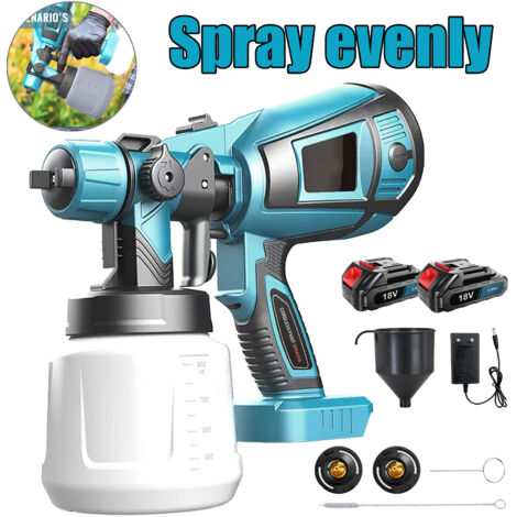 Pistolet à peinture électrique sans fil haute puissance HVLP 500 W avec réservoir de 1000 ml, 2 batteries de 3000 mAh, 3 modes et 3 buses en laiton, idéal pour la peinture de maisons.