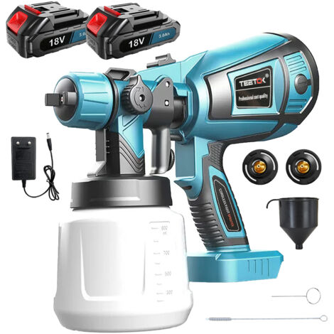 Pistolet à peinture sans fil alimenté par batterie, 2 batteries 3,0 Ah 18 V, pistolet à peinture électrique portatif, 3 buses, largeur de pulvérisation et débit réglables, pour la peinture de meubles