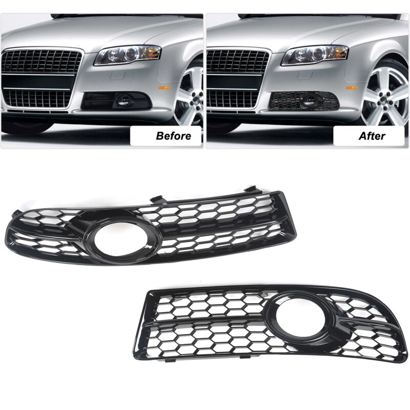 Caches Calandre Phares Antibrouillard Noir Brillant – Compatible Audi A4 B7 / S4 2005-2008 – Paire Gauche/Droite