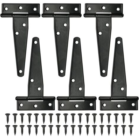 6 PCS Charnière en T Noires Charnière porte de Grange 4 pouces Charnières en T Extérieur avec 36 vis Charnières de Portes en Fer Charnières Robustes pour Portes, Fenêtres, Abris de Jardin (1/5)