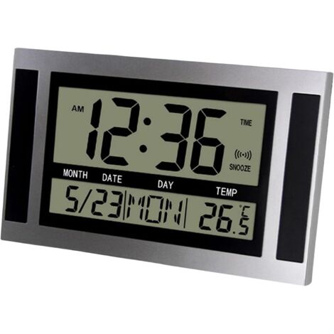 Lauwexe – Horloge murale numérique LCD grand écran – Affichage heure, température, calendrier – Alarme avec répétition – Design moderne argent 25x15,5cm