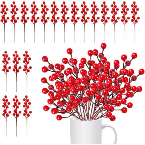 20 PCS Baies Rouges de Noël Artificielles Branches de Baies Rouges Baies de Houx Artificielles Fausses Baies Rouges en Plastique Tige Baies Rouges Petites pour Arbre de Noël, Couronne, Mariage (1/5)