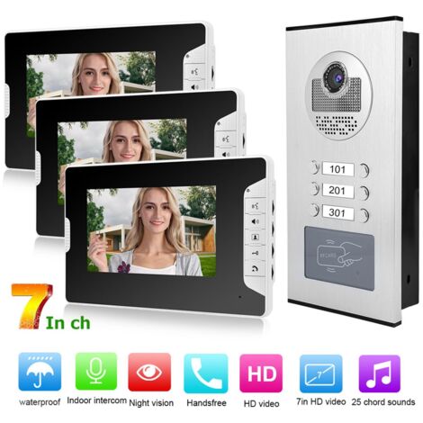 Jeffergarden – Interphone vidéo filaire 7 pouces – 3 moniteurs avec caméra IR-CUT – Vision nocturne – Alimentation CA 100-240V – Système intelligent RFID