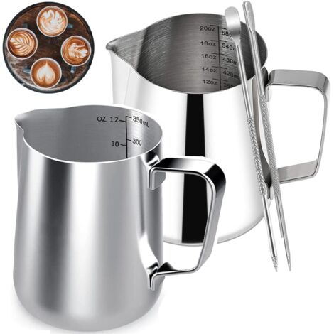 Pot à lait en acier inoxydable, 2 Pièces Café Pot à lait Lait Pichet Pichet Tasse avec Mesure Mark et 2 Latte Art Pen pour Barista Cappuccino Espresso (350ml,600ml)