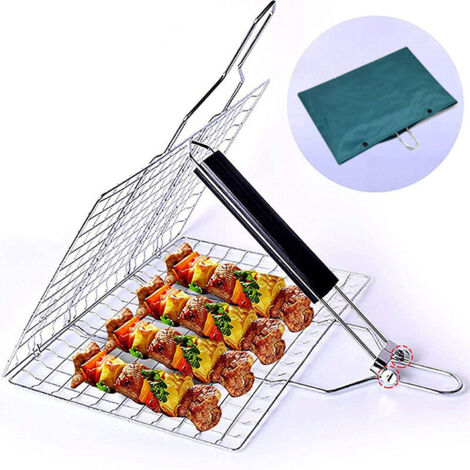 Panier à Griller, Panier de Barbecue En Acier Inoxydable, Panier Grille pour Barbecue, Acier Inoxydable Pliable Panier à Poisson En Acier Inoxydable avec Poignée Amovible pour Poisson, Steak, Crevette (1/5)