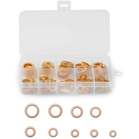 200 Pièces Cuivre Rondelles Metal, Rondelles plates en cuivre Bague d'étanchéité, Joints plats en laiton avec boîte de tri, convient aux fixations à vis (M5/M6/M8/M10/M12/M14) (1/5)