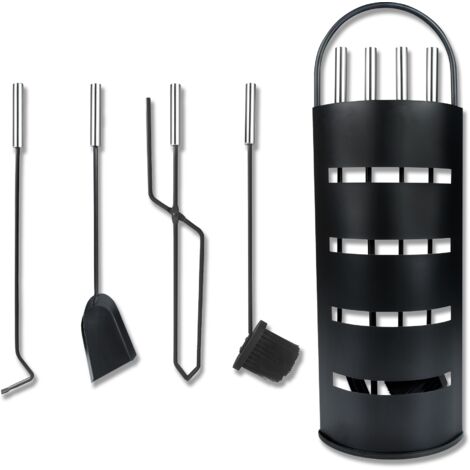 Hengmei – Serviteur de cheminée lot de 5 accessoires en acier inoxydable – Pelle à cendres 55cm, tisonnier 56cm, balai et pince – Support inclus