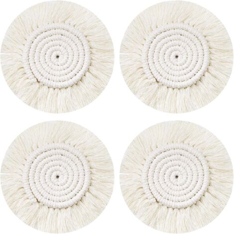 CSPARKV Dessous Verre Napperon Tissé Main, 4Pcs Ronds sous-Verres Tressé Coaster Macrame, Boho Tapis de Café Boisson Bière Tasse Table Antidérapant Résistantes à la Chaleur Décoration de Table (1/4)
