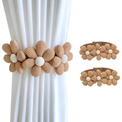 Embrasses de rideaux tournesol - Lot de 2 Embrasses à rideaux avec trois fleurs Embrasses bohèmes Jolies attaches décoratives à fleurs (kaki) (1/4)