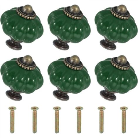 Boutons en céramique vert foncé, 3,33,33,8 cm, 6 pièces avec vis, boutons et poignées de tiroir d'armoire en céramique en forme de citrouille. (1/4)