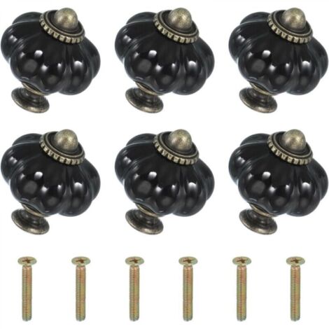 Six boutons en céramique noire, de 3,3 x 3,3 x 3,8 cm chacun, avec vis. Boutons et poignées de tiroir en céramique en forme de citrouille. (1/4)