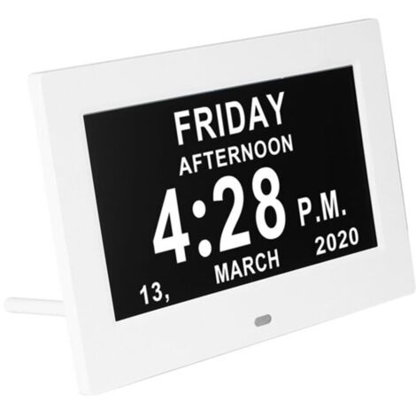 Grande horloge numérique avec calendrier et date de 17,8 cm avec jour et date pour les personnes âgées, avec 12 options d'alarme (blanc) (1/4)