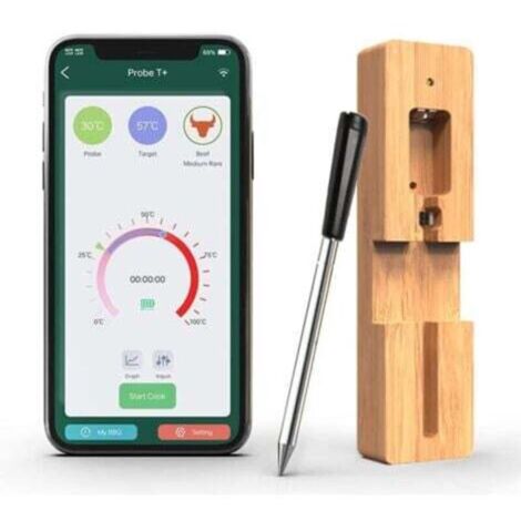 1PCS Sonde Temperature Cuisine Bluetooth 50m Thermomètre à viande Sans Fil avec Fonction de Minuterie et D'alarme Connexion Thermomètre Cuisine pour Friteuses à Air, BBQ, Four, Fumoir (1/4)