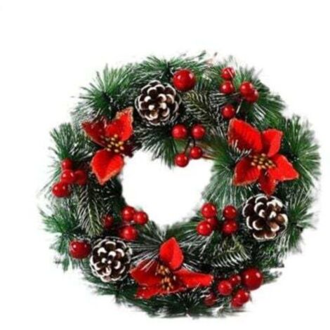 Couronne de Noël artificielle faite de branches de pin vert décorées de pommes de pin et d'un bouquet de baies guirlande de porte pour décorations de fête de porte d'entrée collection de Noël (1/3)