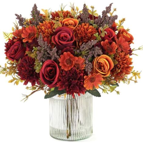 Lot de 4 bouquets de roses artificielles, 33 cm, marguerites, fausses fleurs, bouquets de roses en soie, pour décoration de cuisine, mariage, orange (1/4)