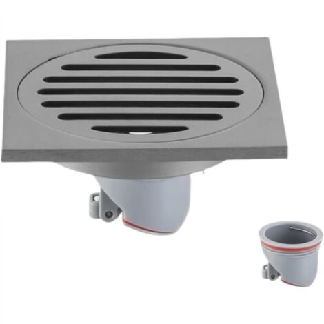 Siphon de sol pour salle de bain, acier inoxydable gris, grande capacité, convient aux salles de douche, finition brossée striée, à usage unique.