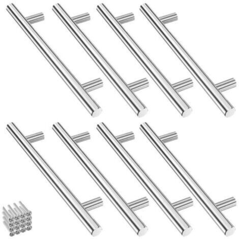 Pack of 8 Stainless Steel Kitchen Cabinet Handles Silver, Kitchen Door Handle 128mm Hole Spacing, Rounded Handles for Cabinets with 32 Screws, Drawer Handle for Wardrobes, Drawers (1/4)