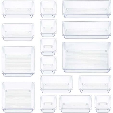 16 pièces organisateur tiroir, 5 tailles boite rangement tiroir, antidérapant organiseur maquillage, pour papeterie de bureau rangement, (transparent) (1/4)