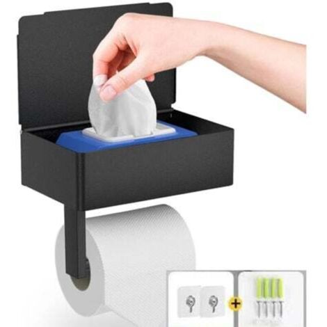 Porte-papier toilette mural autocollant noir avec étagère et boîte à lingettes pour salle de bain et cuisine (1/4)