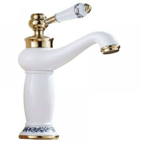 Robinet de lavabo de salle de bain en laiton et céramique antique Robinet mitigeur en porcelaine bleue et blanche Robinet d'évier de cuisine Robinet d'eau froide/chaude (sans tuyau d'eau) (1/4)