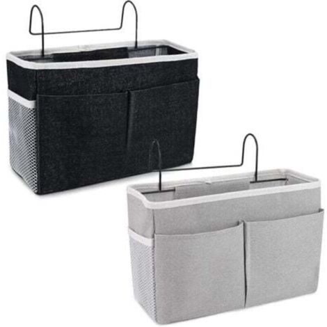 Organisateur de Chevet 2 PCS Sacs de Chevet Panier Suspendu Rangement Sac de Rangement Suspendu Étanche avec 3 Poches Rideau Lit Mezzanine (Noir et gris) (1/4)