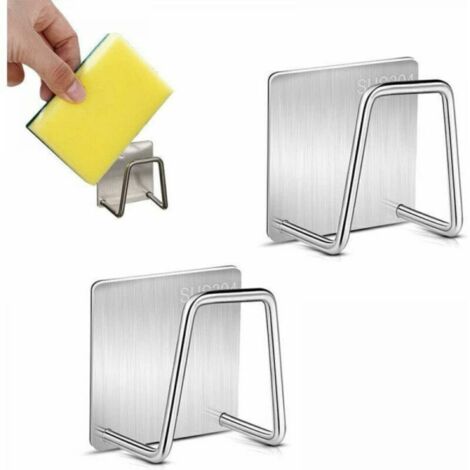 Porte-éponge adhésif, 2 porte-éponges en acier inoxydable, sans perçage, pour évier de cuisine (argenté) (1/2)