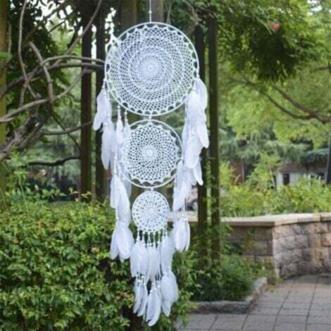 Grand Attrape Rêves avec 3 Cercles, Plumes Blanches macramé à Suspendre pour décoration de Mariage Vintage Cercle