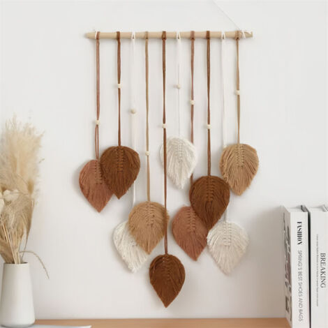 Tapisserie Murale Macramé Bohème Motif Feuilles avec Pompons (1/4)