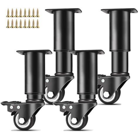 Lot de 4 pieds de meuble réglables en hauteur avec roulettes pivotantes et freins, pour canapés, lits, armoires, tables et meubles (14,5-16 cm) (1/4)