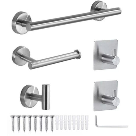 5 Pieces Bathroom Hardware Accessories Set Towel Rack Paper Holder Hook Adhesive Hook Multifunction Bathroom Set Silver (1/4)