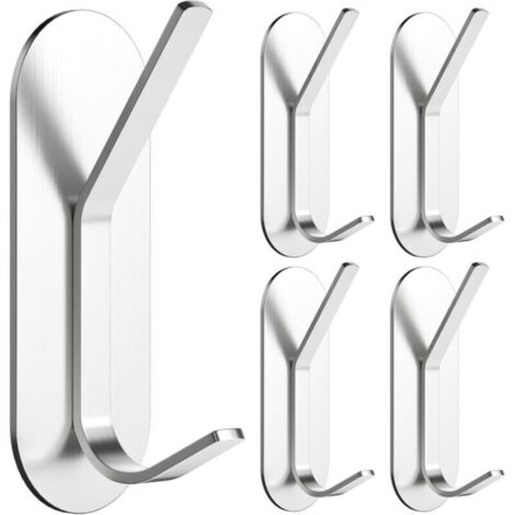 Lot de 5 crochets muraux adhésifs, crochets pour serviettes de cuisine, porte-manteau mural sans perçage pour salle de bain (argent) (1/4)