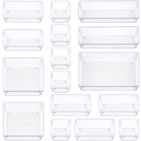16 pièces organisateur tiroir, 5 tailles boite rangement tiroir, antidérapant organiseur maquillage, pour papeterie de bureau rangement, commode, salle de bain, cuisine (transparent) (1/4)