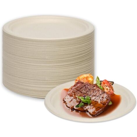 Assiettes Jetables 100 pcs Bagasse De Canne à Sucre Assiettes En Carton Papier Jetables Pour Pique-Niques, Fêtes, Barbecues, Anniversaires (natürlich, 22,8cm)
