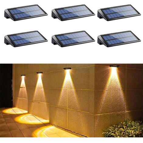 Paquet de 6 lampes solaires de terrasse à LED pour l'extérieur, étanches IP65, appliques murales solaires d'extérieur lumière chaude (1/4)