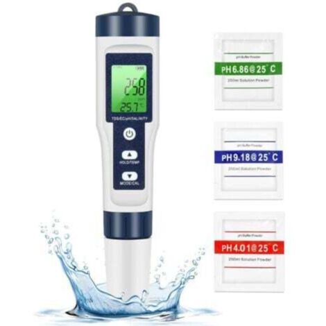 PH TDS mètre, testeur de qualité de l'eau 5 en 1 PH/TDS/EC/sel/température TDS mètre LCD rétro-éclairage vert pour piscine/aquarium/étang (1/4)