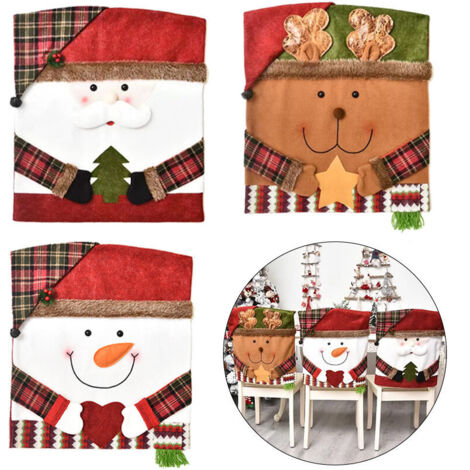 Housse de dossier de chaise de noël, 3 pièces, pour salle à manger, housse de chaise de dîner de noël, bonhomme de neige, renne, père noël (1/4)
