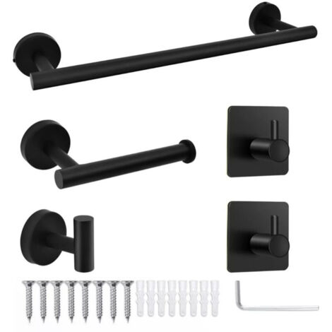 5 Pieces Bathroom Hardware Accessories Set Towel Rack Paper Holder Hook Adhesive Hook Multifunction Bathroom Set Black (1/4)