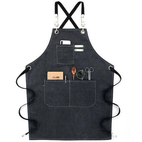 Tablier de Cuisine Résistant à l'Eau Coton Lin Dos Croisé Tablier Réglable Noir,de DEBUNS
