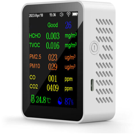 Compteur portable de qualité de l’air 9 en 1, PM2.5, PM10, CO, CO2, TVOC, HCHO, AQI, température et humidité, écran couleur, détecteur de dioxyde de carbone avec affichage date et heure,de DEBUNS