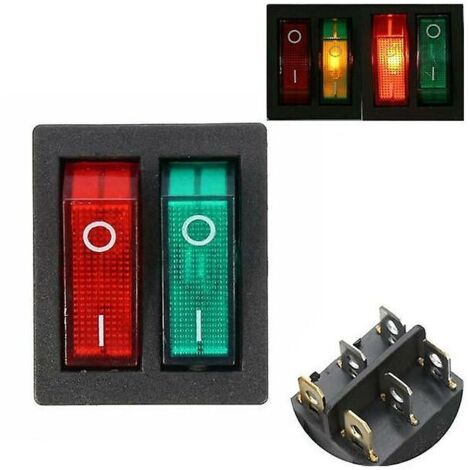 6 Pins double spst on/off rocker boat switch red green light ac 250v/15a 125v/20a (1/4)