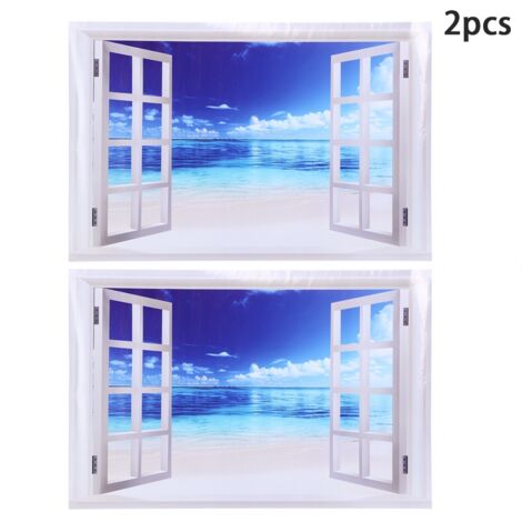Jeffergarden Autocollant mural Unique à motif d'eau de mer bleue et de fenêtre, 2 pièces, décoration pour porte fenêtre de maison