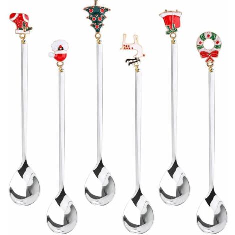 Cuillères à Café de Noël,6 Cuillères de Noël Cuillères à thé à Dessert en Acier de Noël en Argent Avec Pendentifs de Noël Cloches de Chapeau D'élan D'arbre de Noël,Emballage de Boîte-Cadeau (Silver) (1/5)